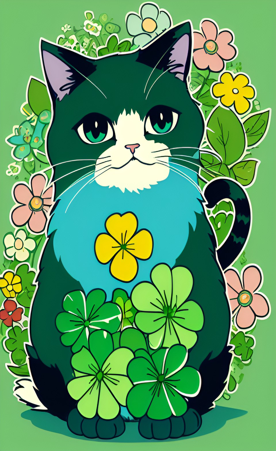 st patrick's day cat, happy, cartoon style, cute, flowers, green and blue, detailed, high resolution, sticker, vector preview