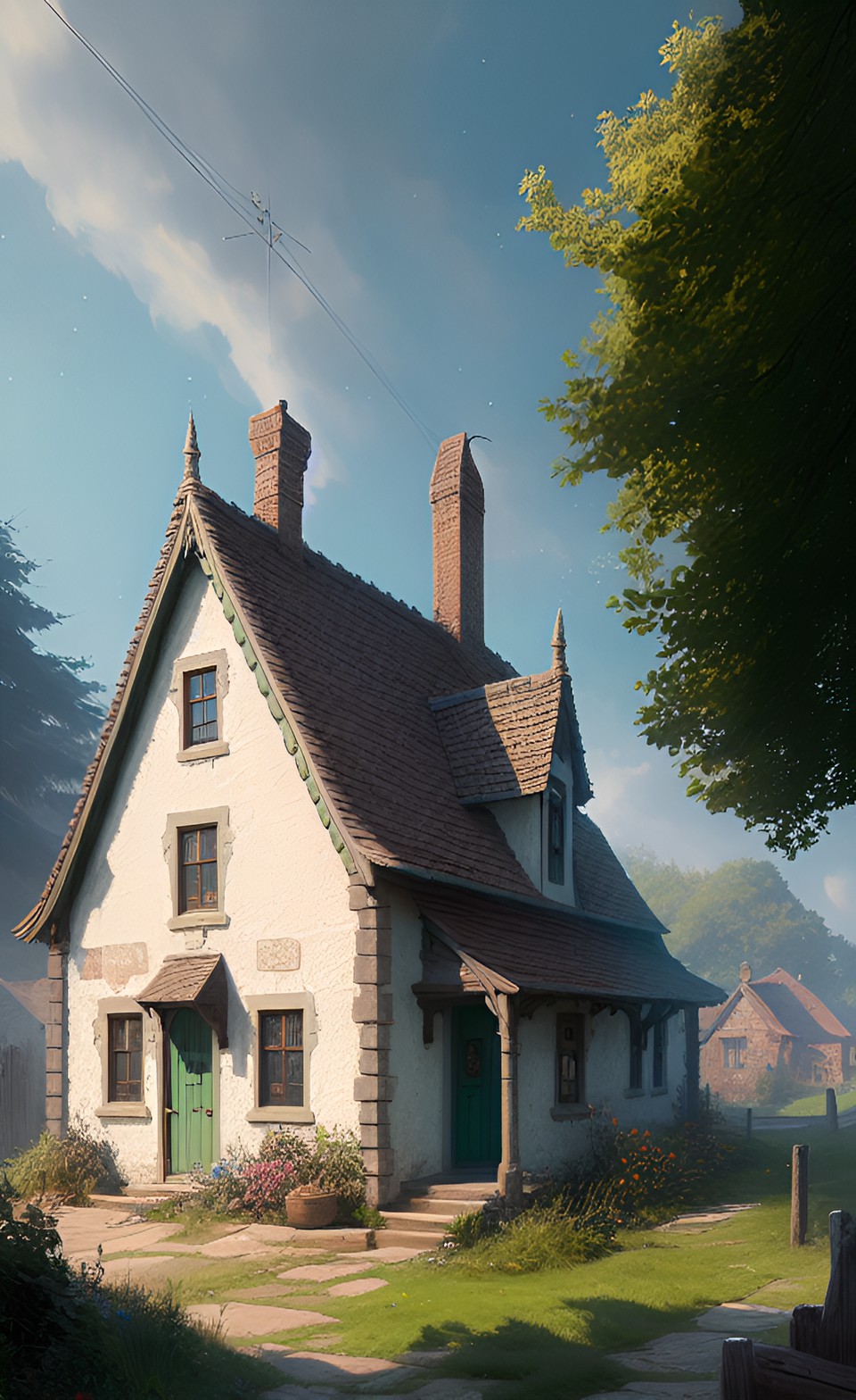 fantasy full view of white medieval farmhouse with green front door, cottagecore preview