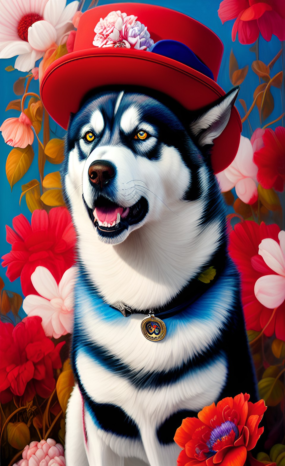 husky with a red and white flowered hat preview