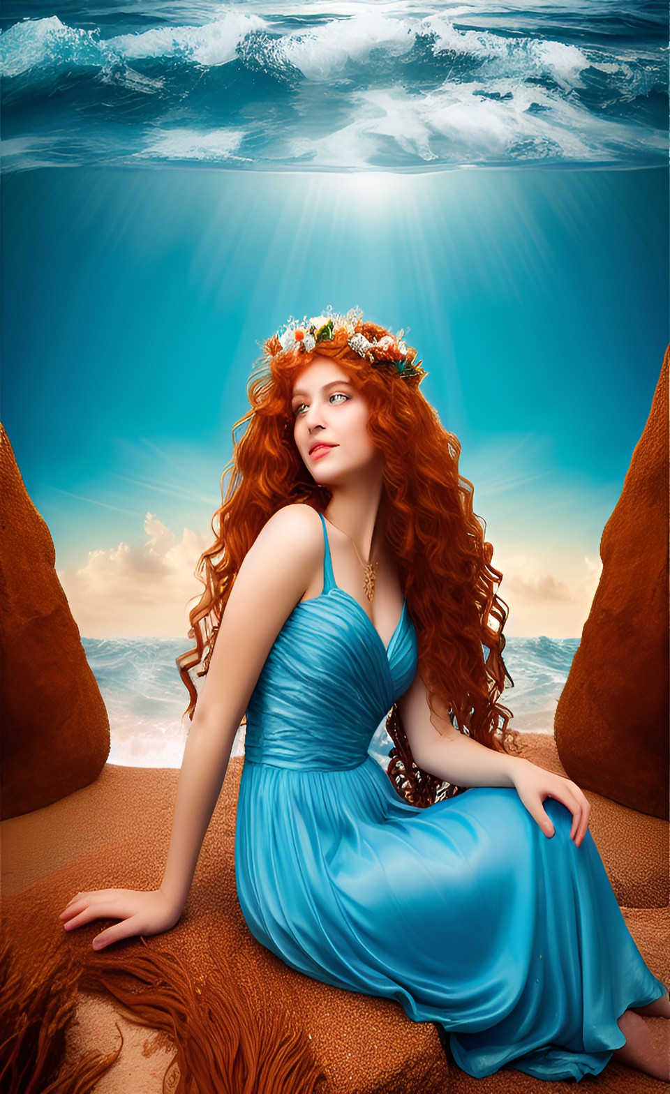 greek goddess of love with long wavy ginger hair in the ocean preview