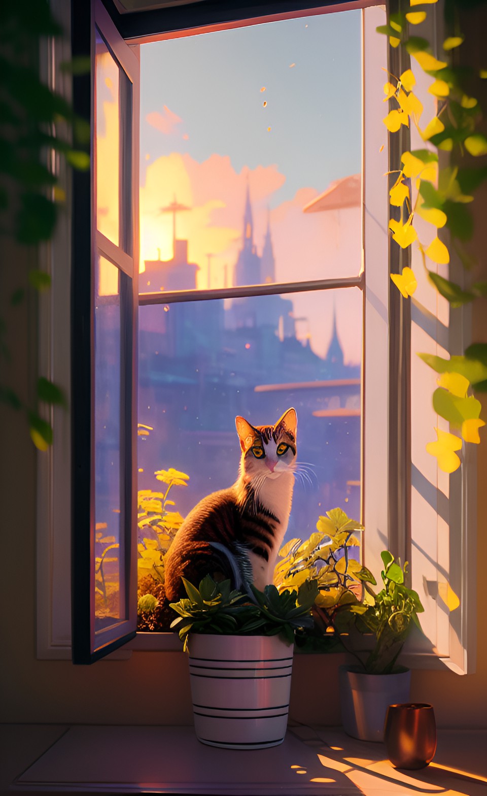 blumentopf fenster sonnenuntergang katze preview