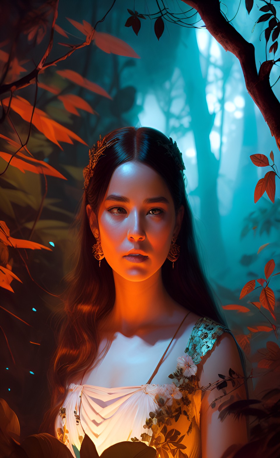 dramatic portrait of woman bleeding in jungle at night preview