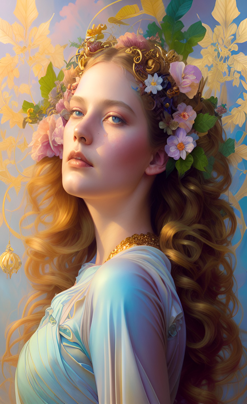 golden sunshine goddess, art nouveau, warm pastel tones, head and shoulders portrait, 8k resolution, concept art by greg rutkowski, artgerm, wlop, alphonse mucha, dynamic lighting, hyperdetailed preview