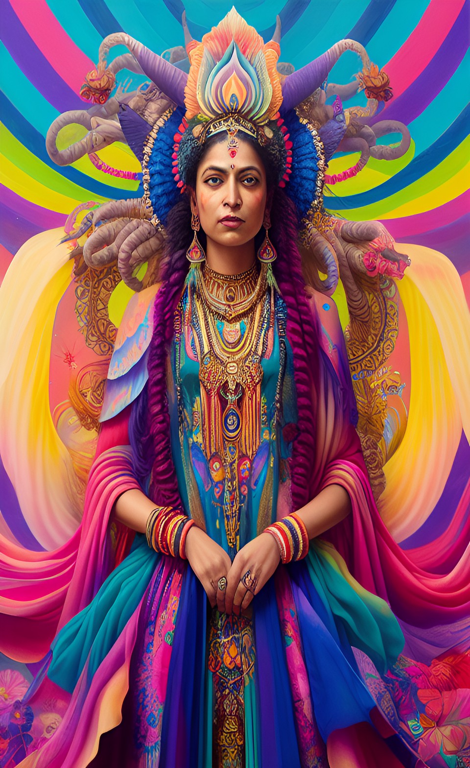 indian goddess with 6 arms wearing rainbow kaftan preview