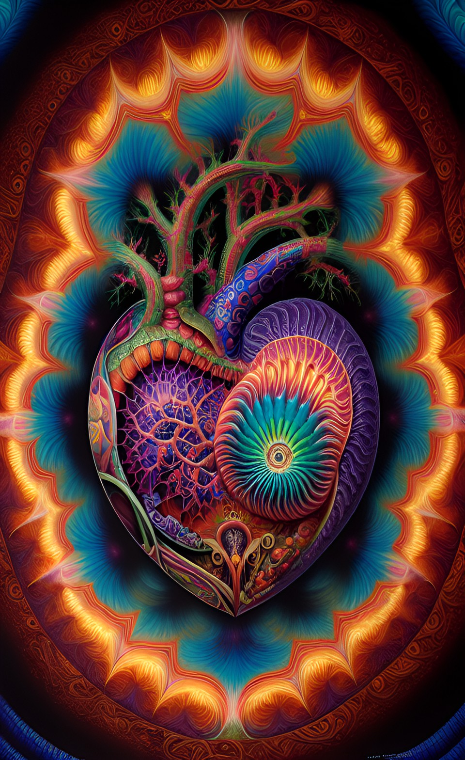 anatomical human heart, alex grey style, high definition, realistic, visionary art, symmetrical, fractal, trippy, surrealism, hypnotic, psycodelic, mystical, mandala, artistic, neon, glow, roots, preview