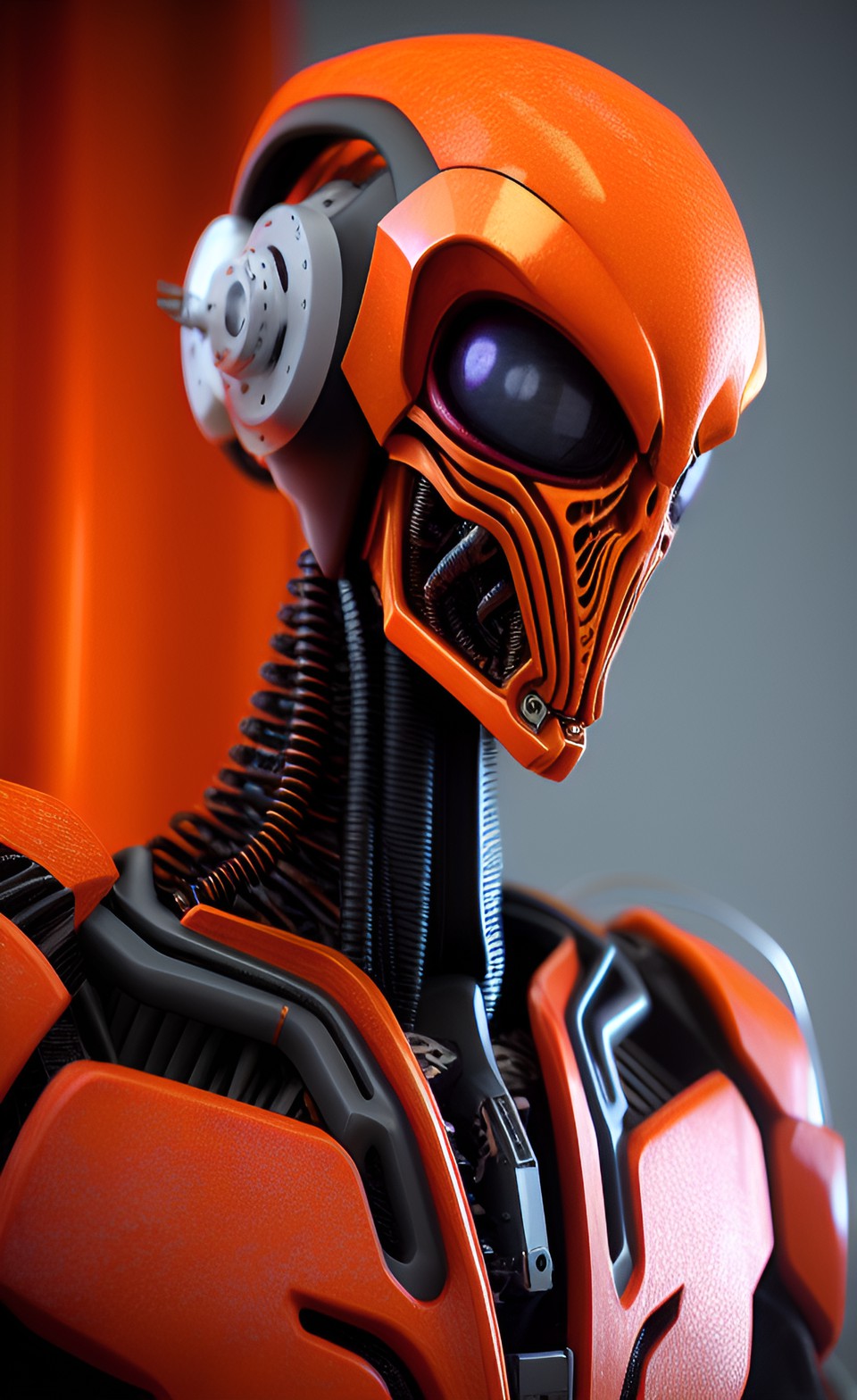 biomechanical alien with orange exoskeleton portrait, high quality, rendering preview