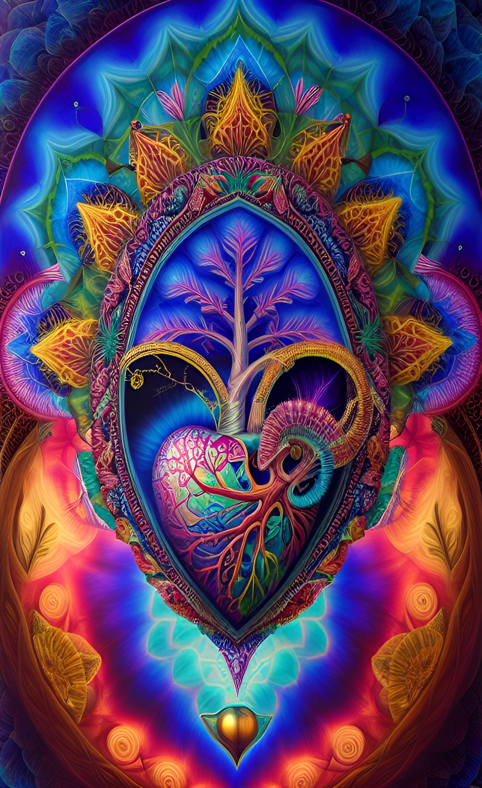 anatomical human heart, alex grey style, high definition, realistic, visionary art, symmetrical, fractal, trippy, surrealism, hypnotic, psycodelic, mystical, mandala, artistic, neon, glow, roots, preview