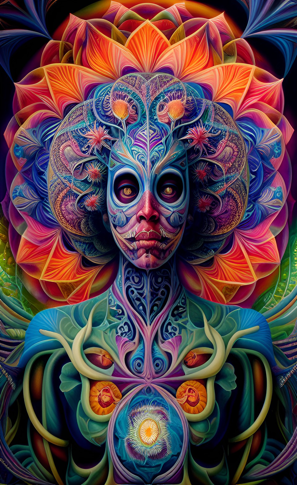 anatomical human body, alex grey style, high definition, realistic, visionary art, symmetrical, fractal, trippy, surrealism, hypnotic, psycodelic, mystical, mandala, artistic, neon, glow, roots, preview