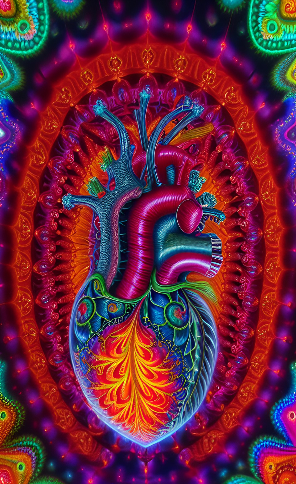 anatomical human heart, alex grey style, high definition, realistic, visionary art, symmetrical, fractal, trippy, surrealism, hypnotic, psycodelic, mystical, mandala, artistic, neon, glow, roots, preview