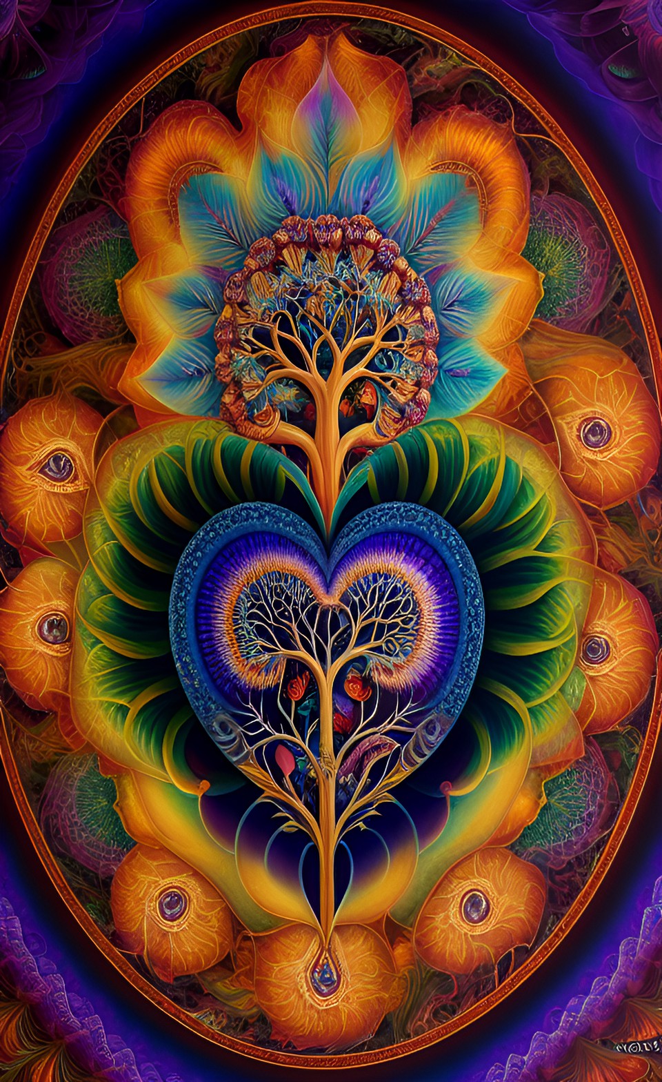 tree of life above one anatomical human heart in flames, alex grey style, high definition, realistic, visionary art, symmetrical, fractal, trippy, surrealism, hypnotic, psycodelic, mystical, mandala, preview