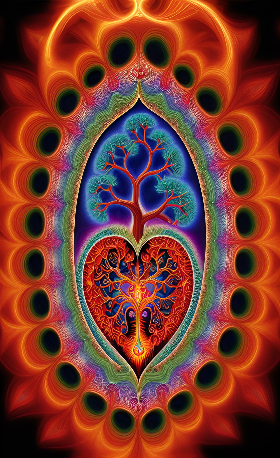 tree of life above one anatomical human heart in flames, alex grey style, high definition, realistic, visionary art, symmetrical, fractal, trippy, surrealism, hypnotic, psycodelic, mystical, mandala, preview