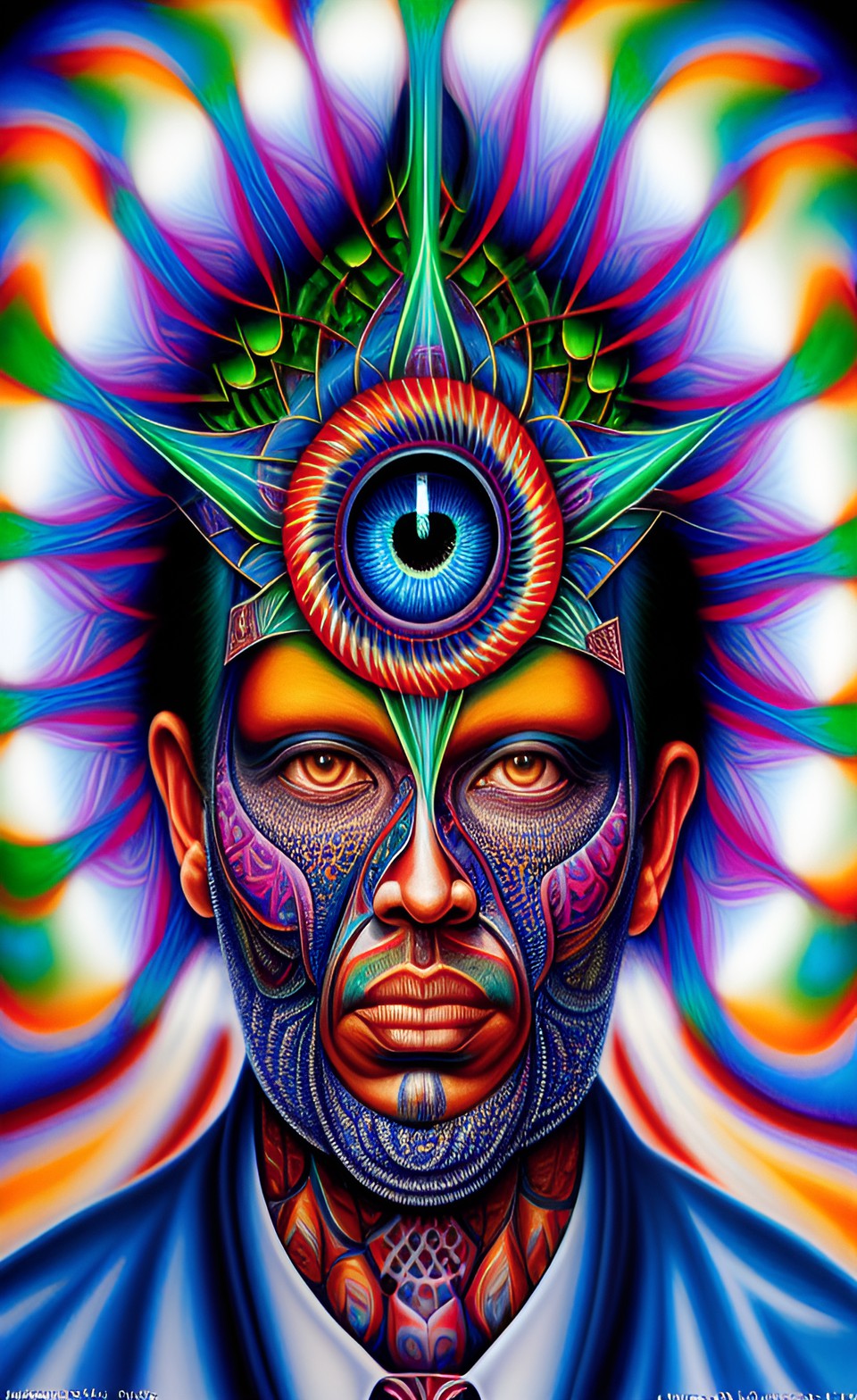 a huge eye sticking out of the head of a sitting meditating man , alex grey style, high definition, realistic, visionary art, symmetrical, fractal, trippy, surrealism, hypnotic, psycodelic, mystical, preview