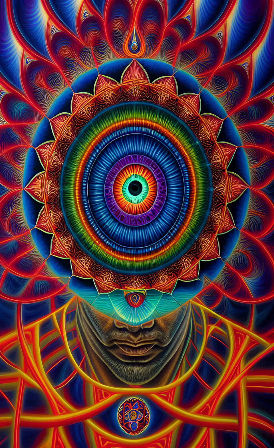 a huge eye sticking out of the head of a sitting meditating man , alex grey style, high definition, realistic, visionary art, symmetrical, fractal, trippy, surrealism, hypnotic, psycodelic, mystical, preview