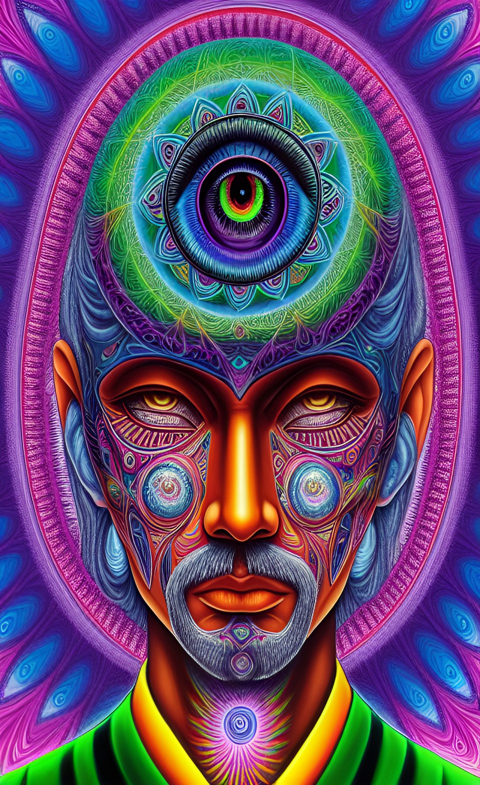 a huge eye sticking out of the head of a sitting meditating man , alex grey style, high definition, realistic, visionary art, symmetrical, fractal, trippy, surrealism, hypnotic, psycodelic, mystical, preview