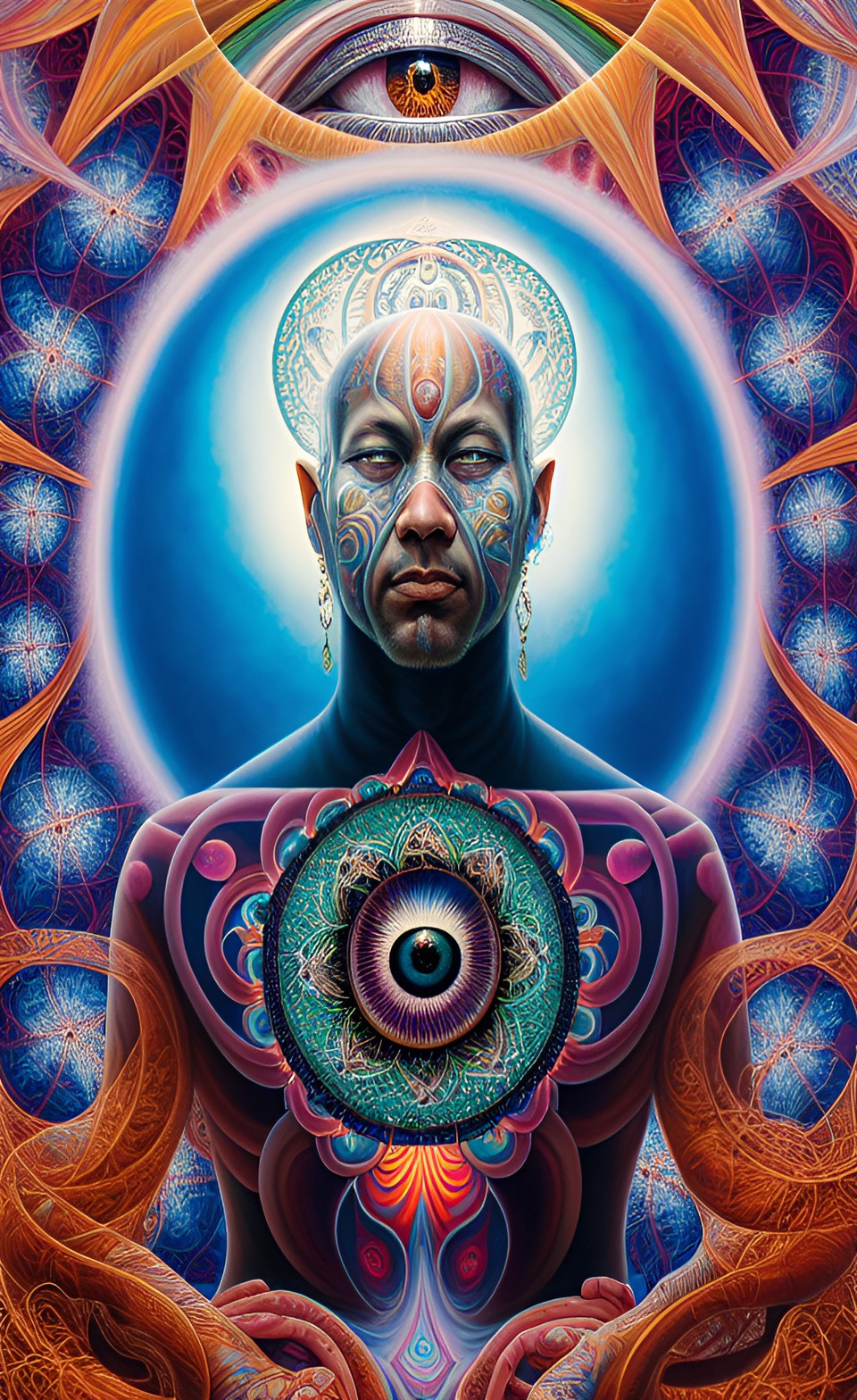 a huge eye sticking out of the head of a sitting meditating man , alex grey style, high definition, realistic, visionary art, symmetrical, fractal, trippy, surrealism, hypnotic, psycodelic, mystical, preview