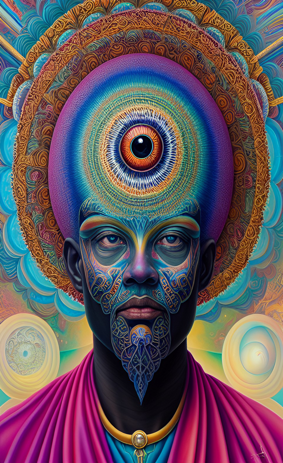 a huge eye sticking out of the head of a sitting meditating man , alex grey style, high definition, realistic, visionary art, symmetrical, fractal, trippy, surrealism, hypnotic, psycodelic, mystical, preview