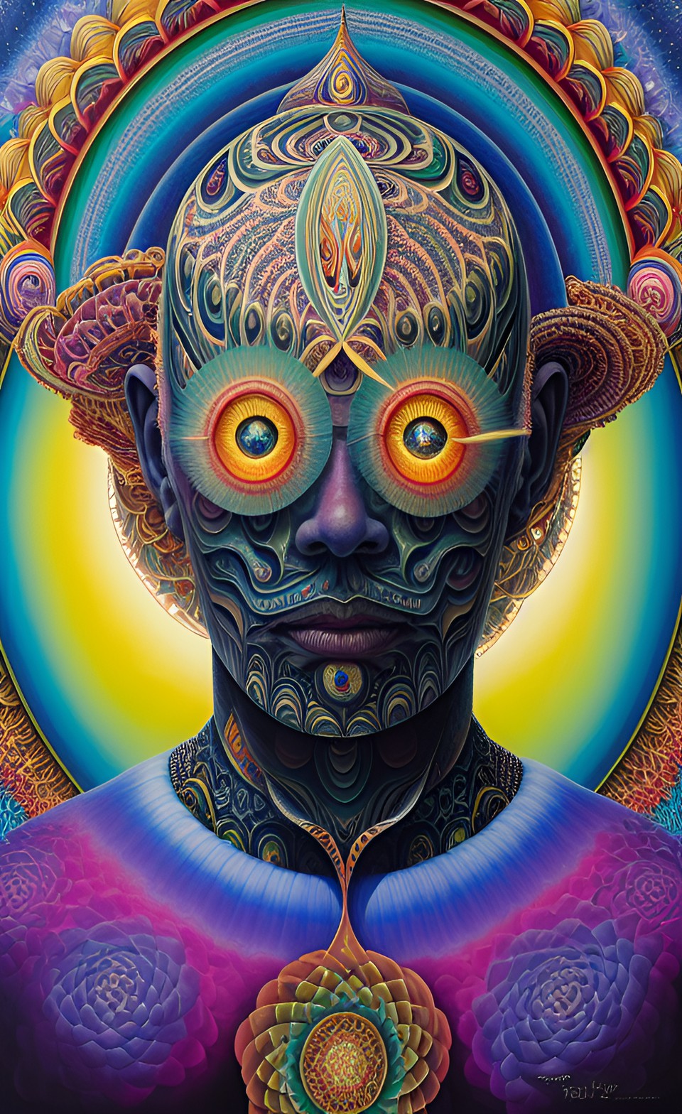 a huge eye sticking out of the head of a sitting meditating man , alex grey style, high definition, realistic, visionary art, symmetrical, fractal, trippy, surrealism, hypnotic, psycodelic, mystical, preview