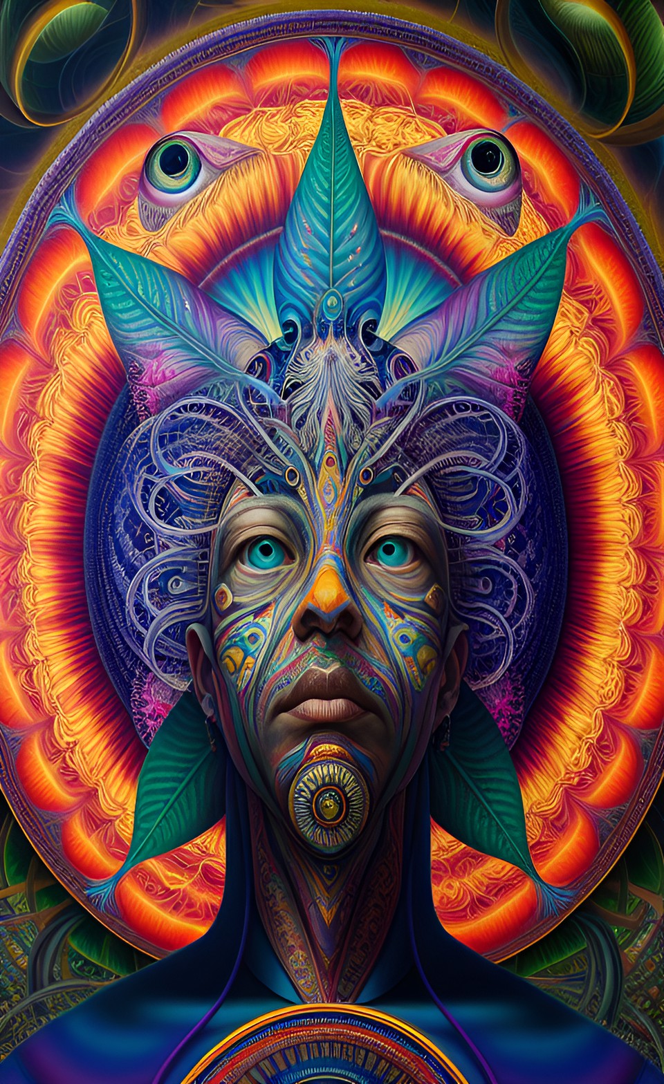 a huge eye sticking out of the head of a sitting meditating man full body, alex grey style, high definition, realistic, visionary art, symmetrical, fractal, trippy, surrealism, hypnotic, psycodelic, m preview