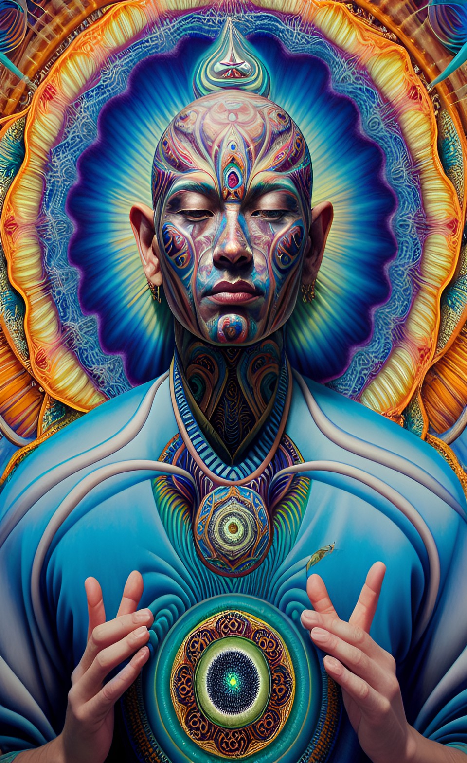 a huge eye sticking out of the head of a sitting meditating man full body, alex grey style, high definition, realistic, visionary art, symmetrical, fractal, trippy, surrealism, hypnotic, psycodelic, m preview