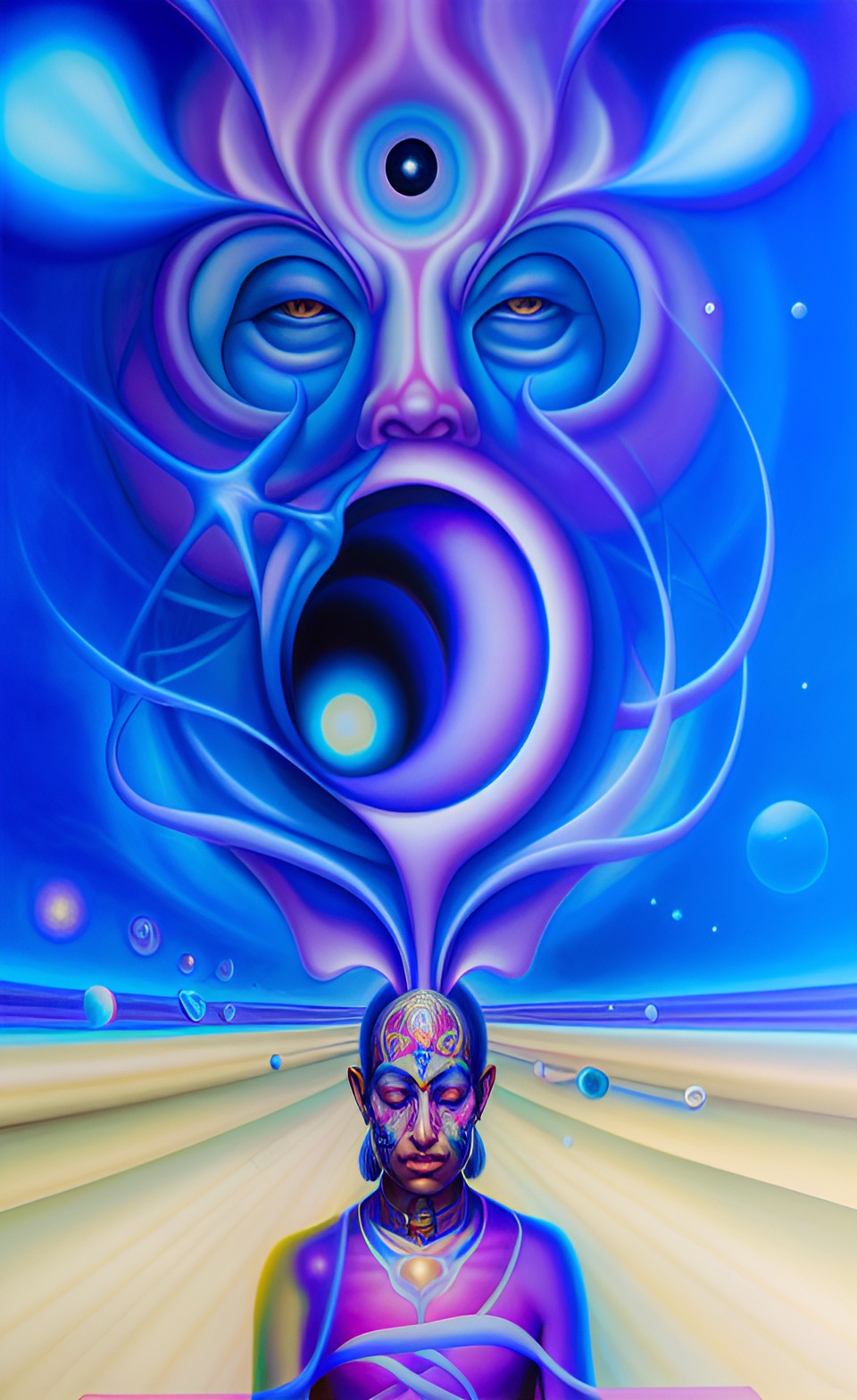 a huge eye sticking out of the head of a sitting meditating man full body, alex grey style, high definition, realistic, visionary art, symmetrical, fractal, trippy, surrealism, hypnotic, psycodelic, m preview