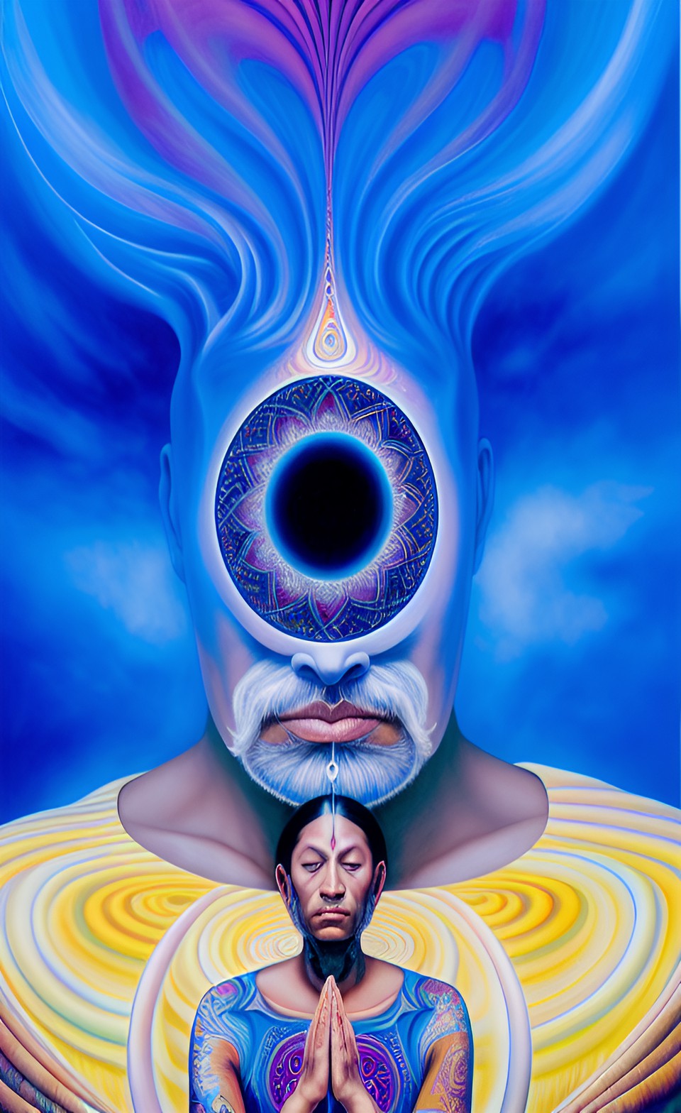 a huge eye sticking out of the head of a sitting meditating man full body, alex grey style, high definition, realistic, visionary art, symmetrical, fractal, trippy, surrealism, hypnotic, psycodelic, m preview