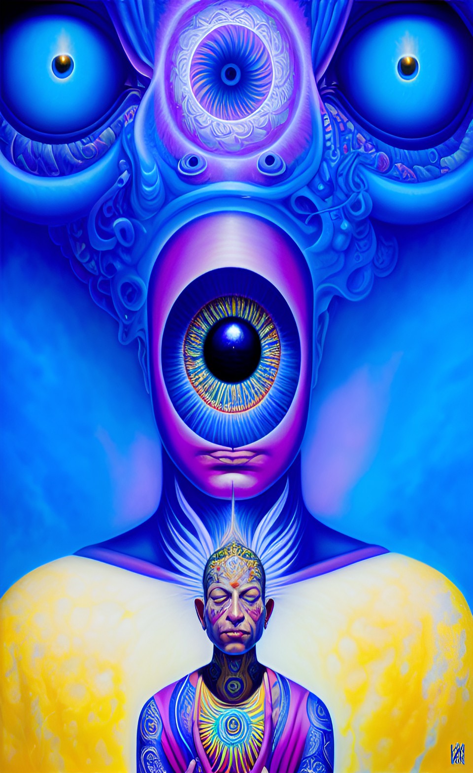 a huge eye sticking out of the head of a sitting meditating man full body, alex grey style, high definition, realistic, visionary art, symmetrical, fractal, trippy, surrealism, hypnotic, psycodelic, m preview