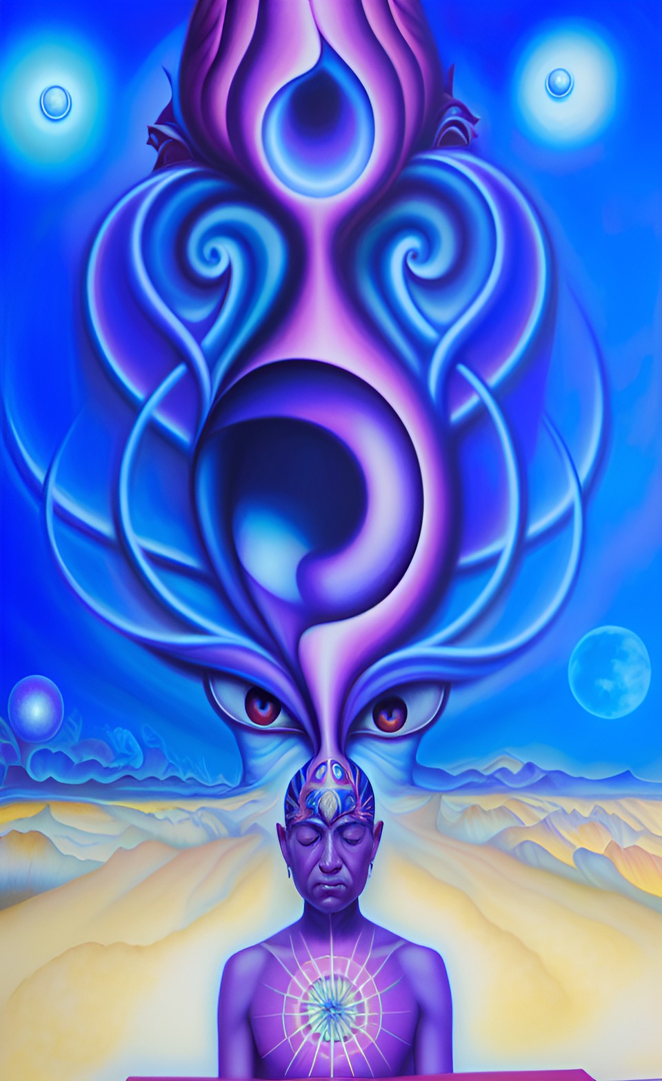 a huge eye sticking out of the head of a sitting meditating man full body, alex grey style, high definition, realistic, visionary art, symmetrical, fractal, trippy, surrealism, hypnotic, psycodelic, m preview