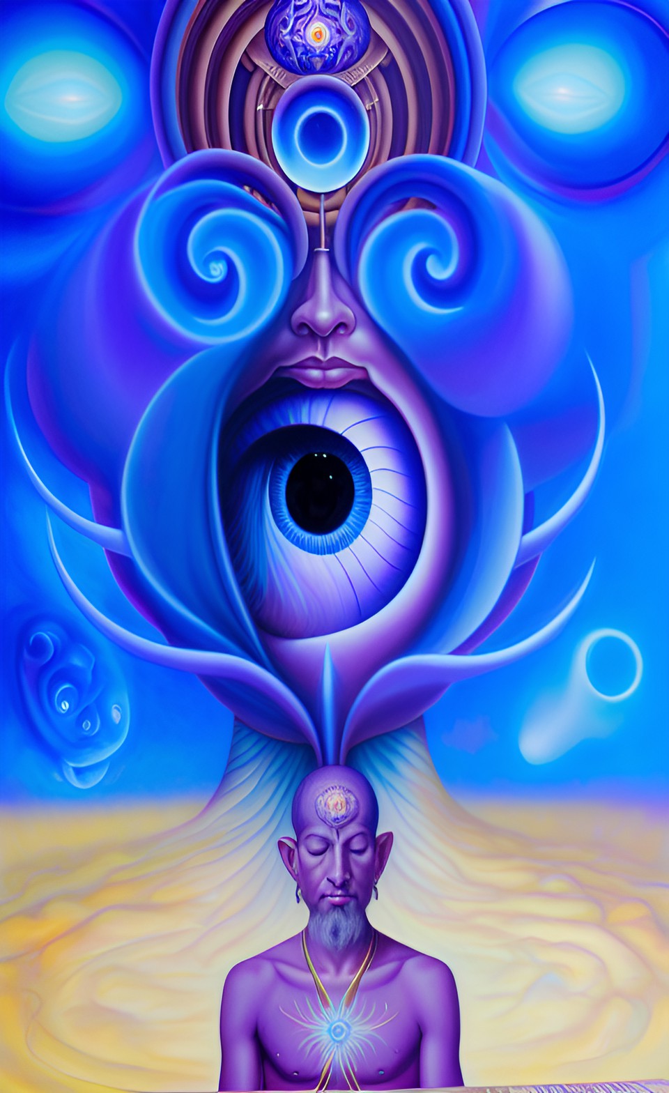 a huge eye sticking out of the head of a sitting meditating man full body, alex grey style, high definition, realistic, visionary art, symmetrical, fractal, trippy, surrealism, hypnotic, psycodelic, m preview