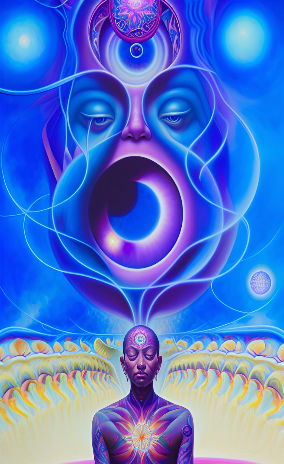 a huge eye sticking out of the head of a sitting meditating man full body, alex grey style, high definition, realistic, visionary art, symmetrical, fractal, trippy, surrealism, hypnotic, psycodelic, m preview