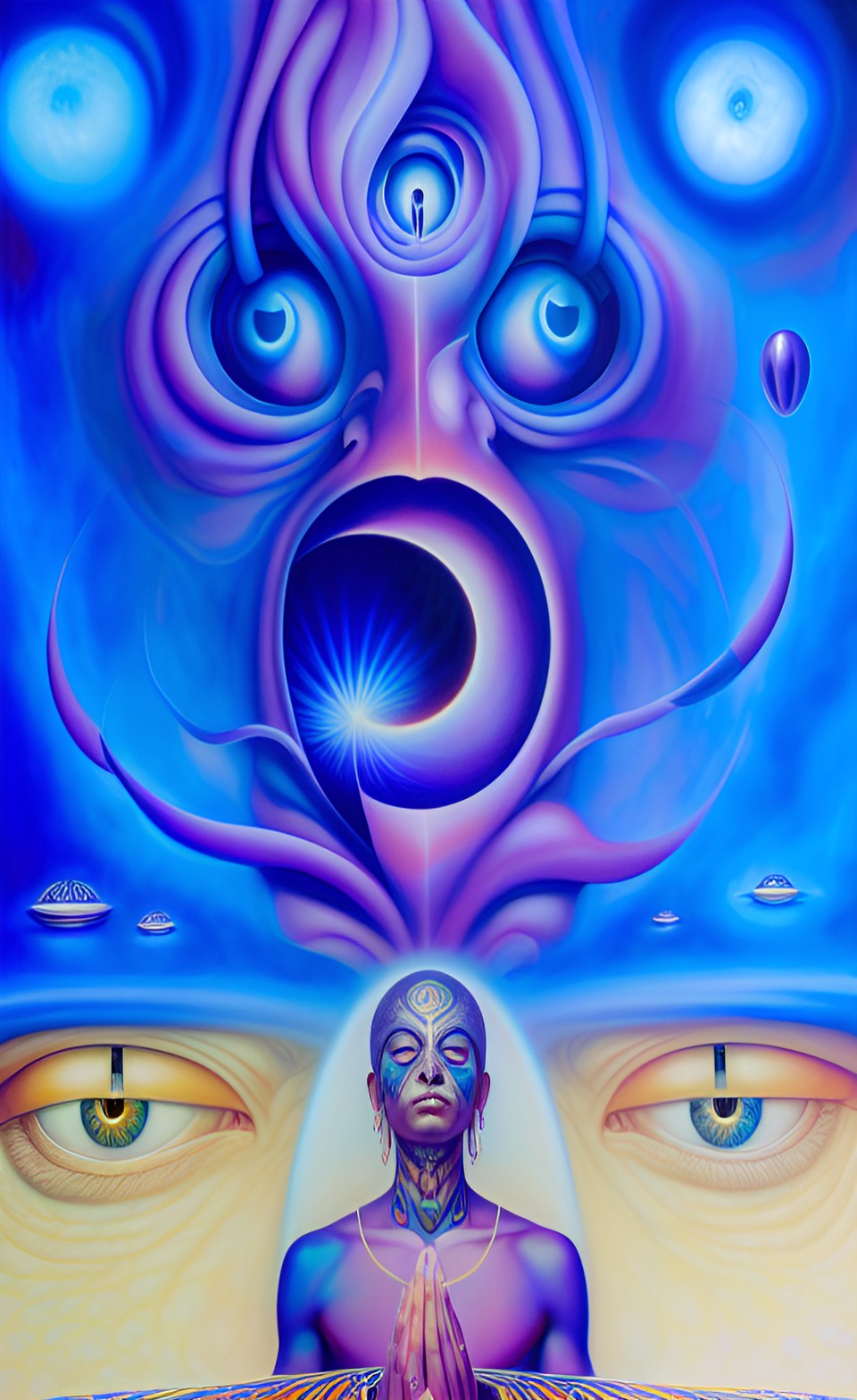 a huge eye sticking out of the head of a sitting meditating man full body, alex grey style, high definition, realistic, visionary art, symmetrical, fractal, trippy, surrealism, hypnotic, psycodelic, m preview