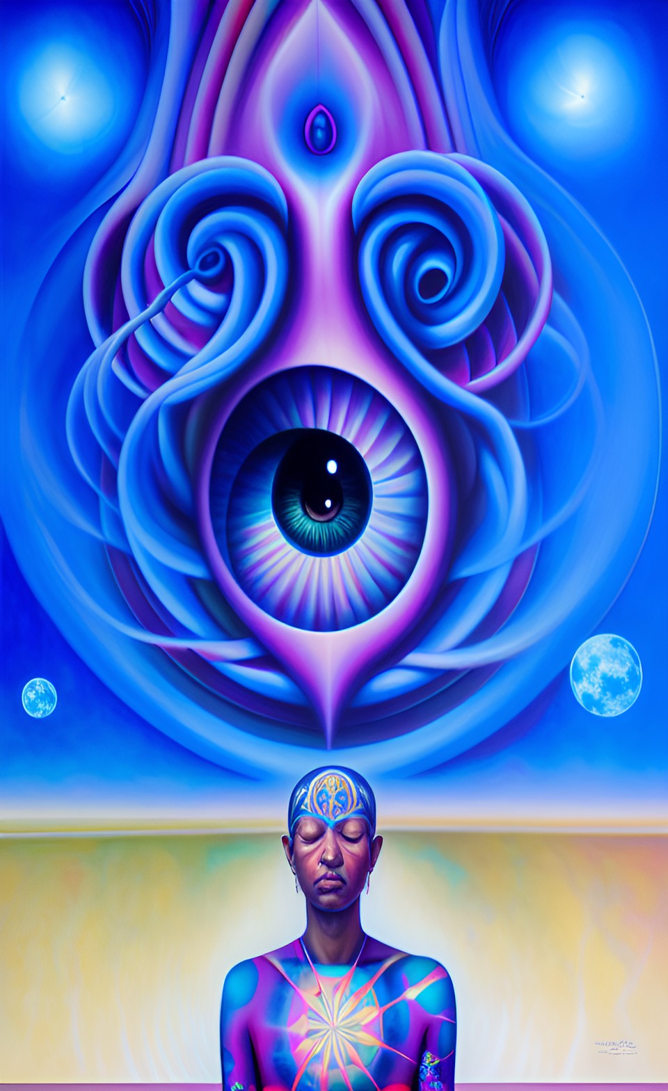 a huge eye sticking out of the head of a sitting meditating man full body, alex grey style, high definition, realistic, visionary art, symmetrical, fractal, trippy, surrealism, hypnotic, psycodelic, m preview