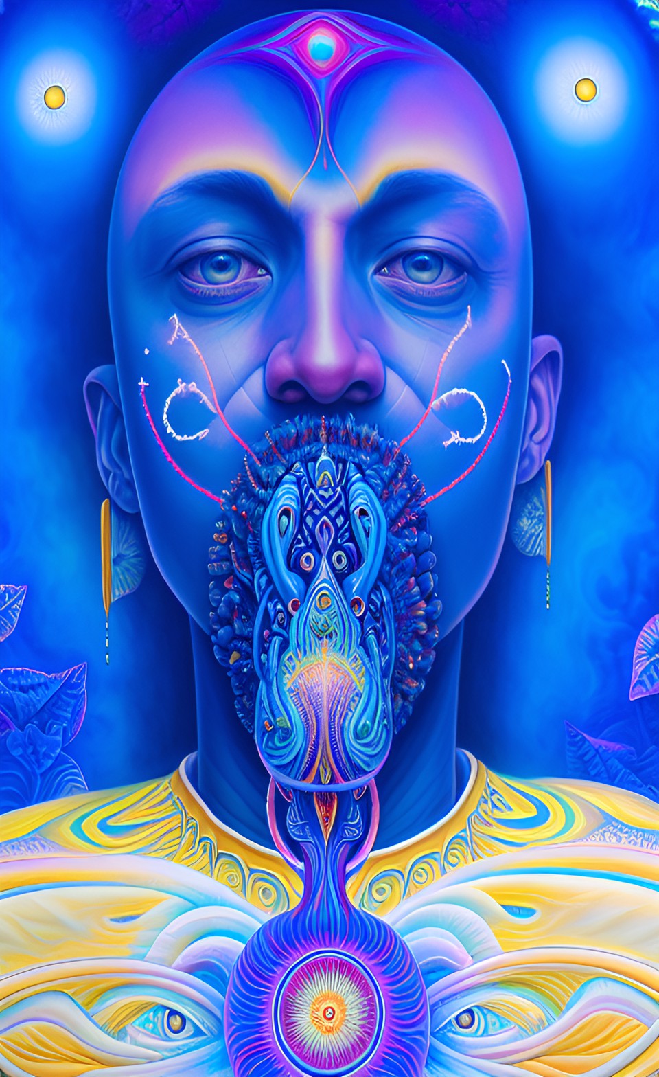 a huge eye sticking out of the head of a sitting meditating man full body, alex grey style, high definition, realistic, visionary art, symmetrical, fractal, trippy, surrealism, hypnotic, psycodelic, m preview