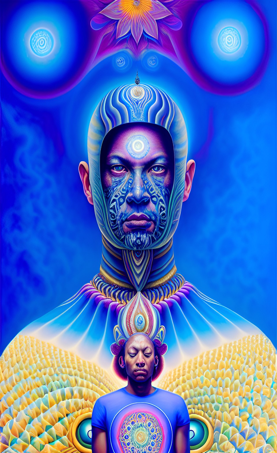 a huge eye sticking out of the head of a sitting meditating man full body, alex grey style, high definition, realistic, visionary art, symmetrical, fractal, trippy, surrealism, hypnotic, psycodelic, m preview