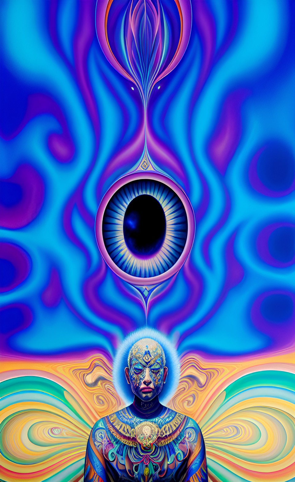 a huge eye sticking out of the head of a sitting meditating man full body, alex grey style, high definition, realistic, visionary art, symmetrical, fractal, trippy, surrealism, hypnotic, psycodelic, m preview