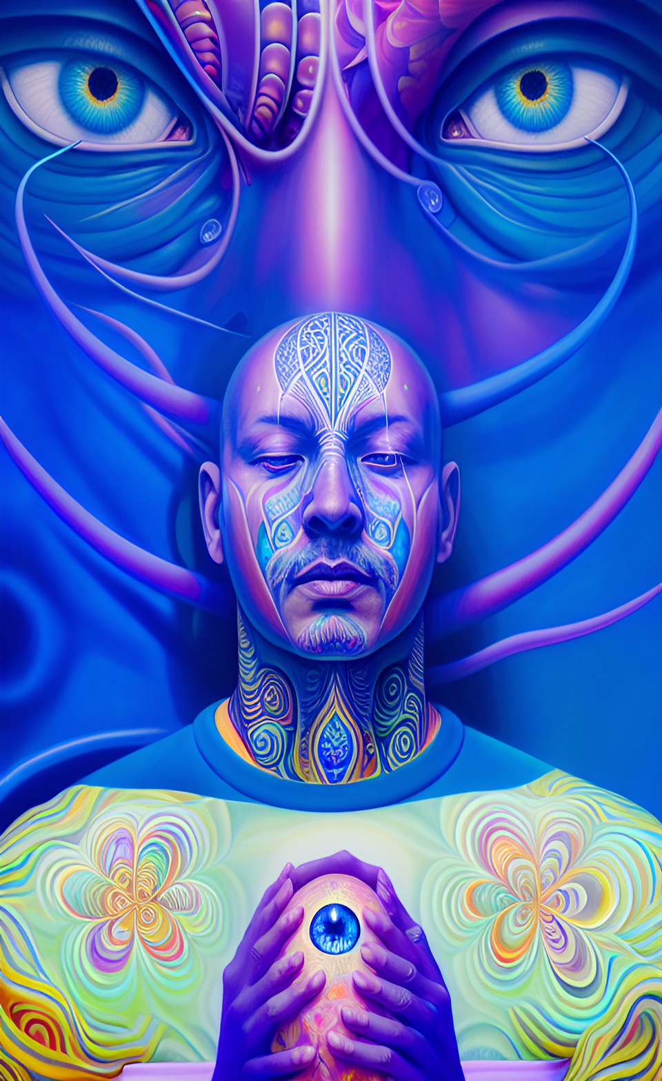 a huge eye sticking out of the head of a sitting meditating man full body, alex grey style, high definition, realistic, visionary art, symmetrical, fractal, trippy, surrealism, hypnotic, psycodelic, m preview