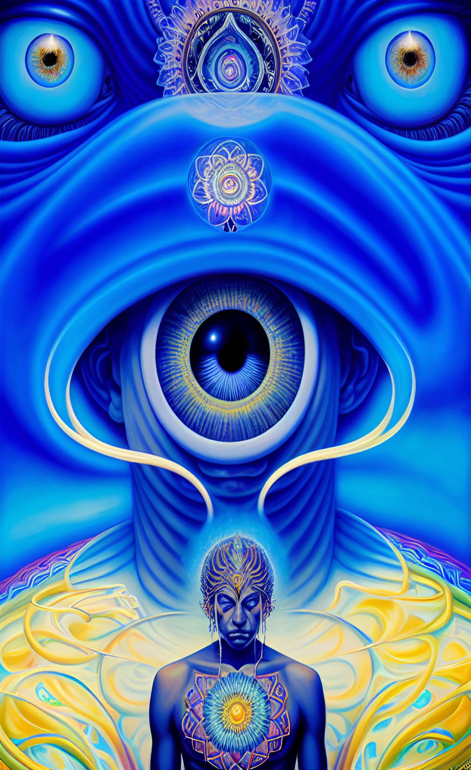 a huge eye sticking out of the head of a sitting meditating man full body, alex grey style, high definition, realistic, visionary art, symmetrical, fractal, trippy, surrealism, hypnotic, psycodelic, m preview