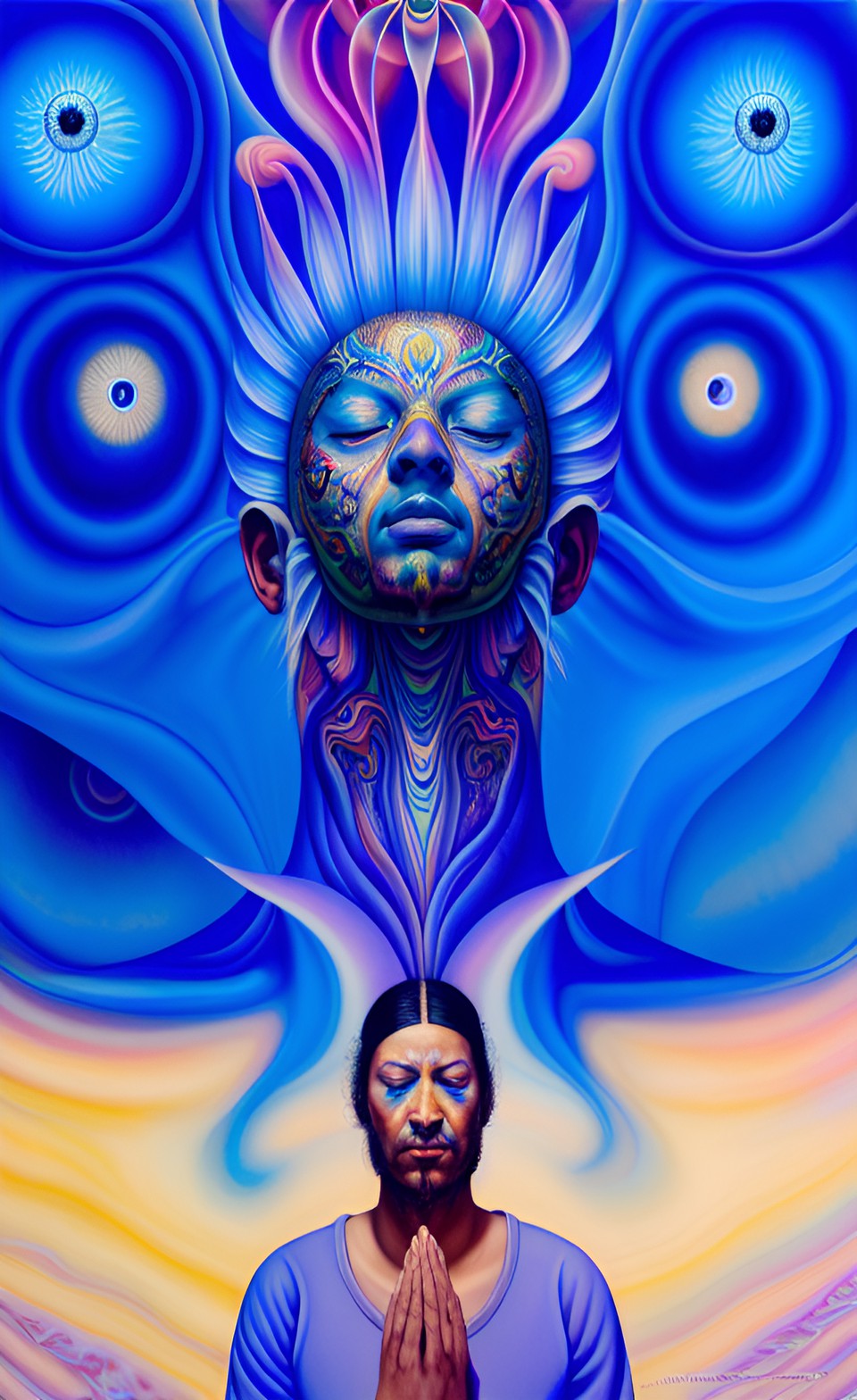 a huge eye sticking out of the head of a sitting meditating man full body, alex grey style, high definition, realistic, visionary art, symmetrical, fractal, trippy, surrealism, hypnotic, psycodelic, m preview