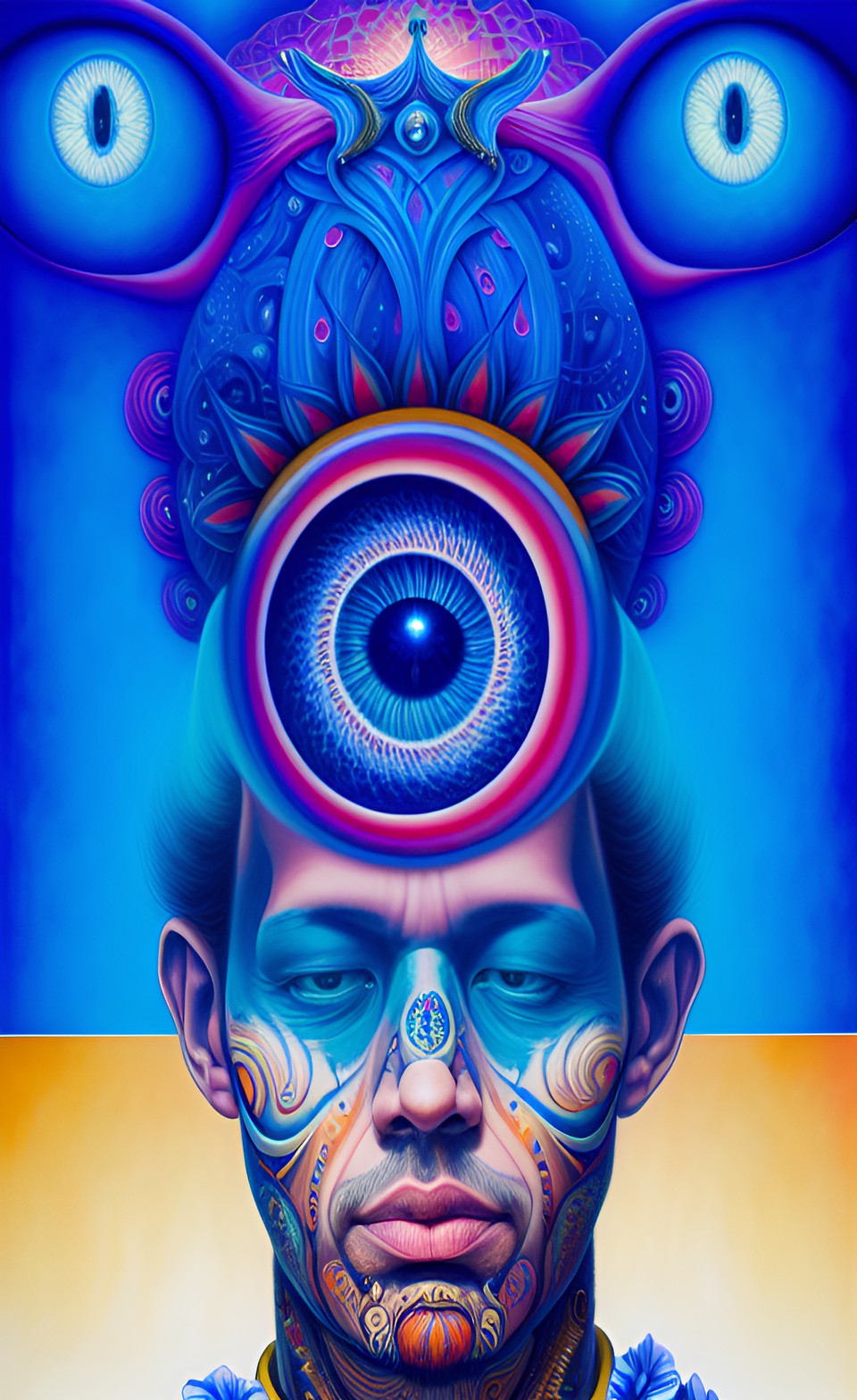 a huge eye sticking out of the head of a sitting meditating man full body, alex grey style, high definition, realistic, visionary art, symmetrical, fractal, trippy, surrealism, hypnotic, psycodelic, m preview