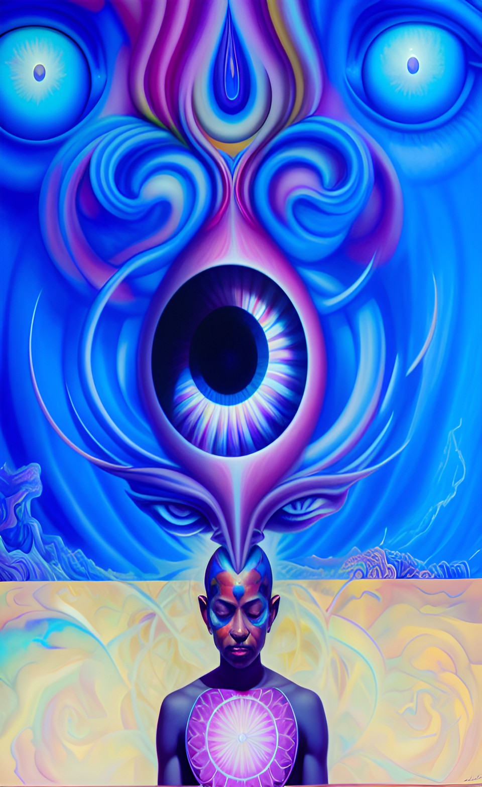 a huge eye sticking out of the head of a sitting meditating man full body, alex grey style, high definition, realistic, visionary art, symmetrical, fractal, trippy, surrealism, hypnotic, psycodelic, m preview