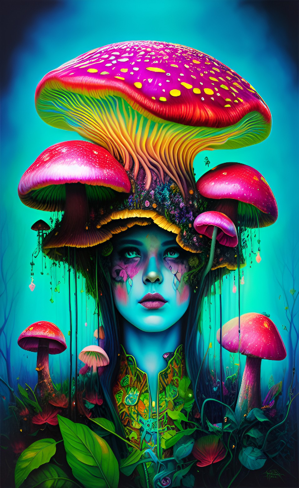 mushroom, dark forest, enchentes, glowing neon, shine, high definition, melting ink preview