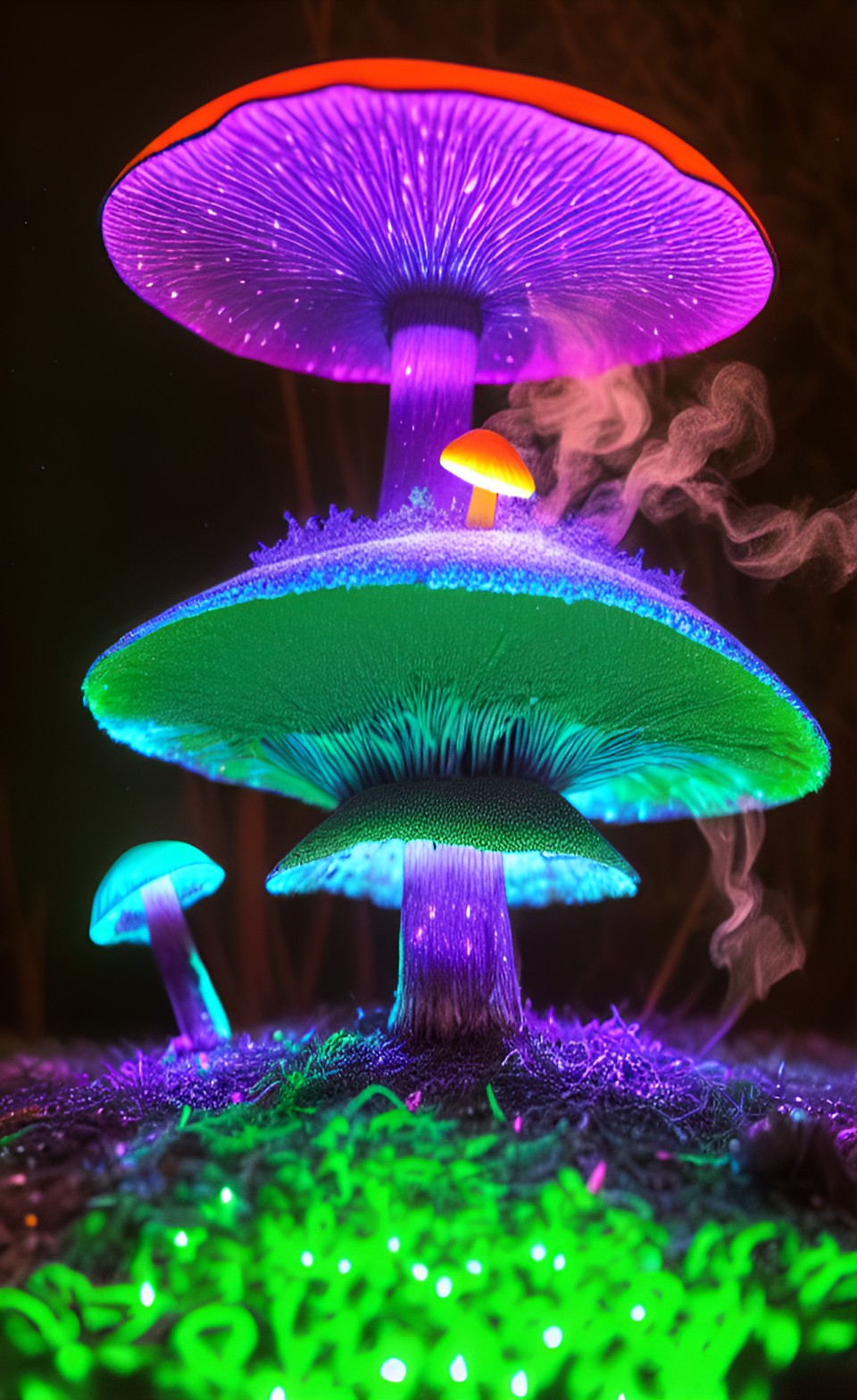 mushroom, dark forest, enchentes, glowing neon, shine, high definition, melting ink, small spiral smoke particles preview