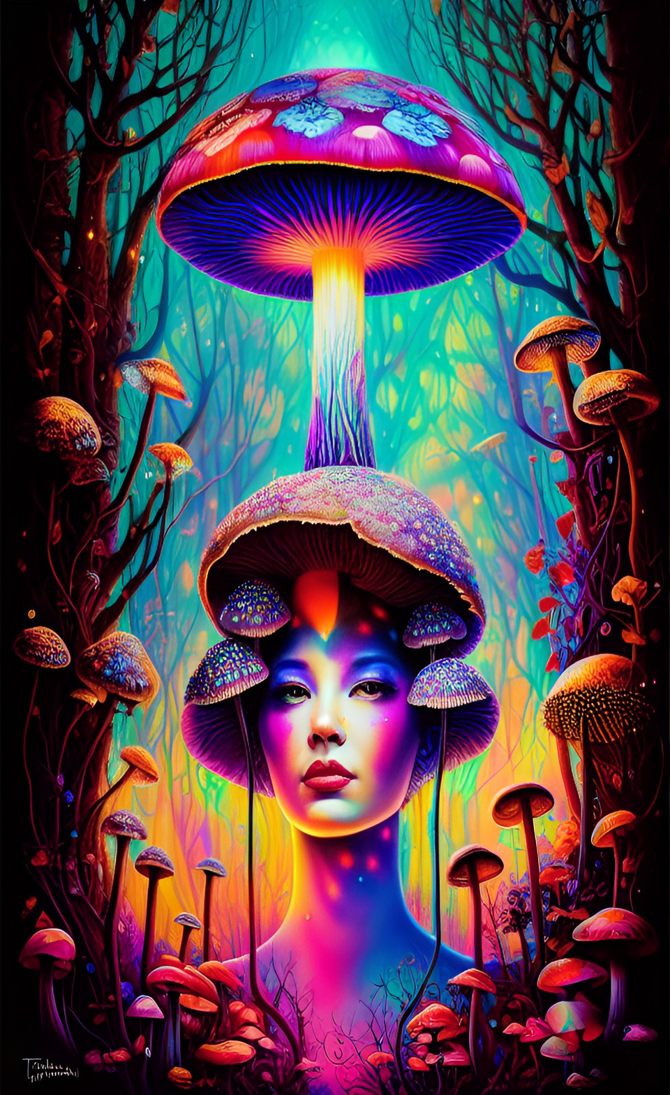 mushroom, dark forest, enchanted, glowing neon, thiny light, high definition, melting ink, mandala preview