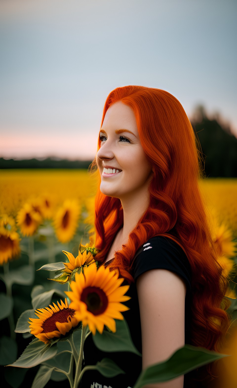 redhead in a field of sunflowers at dusk preview