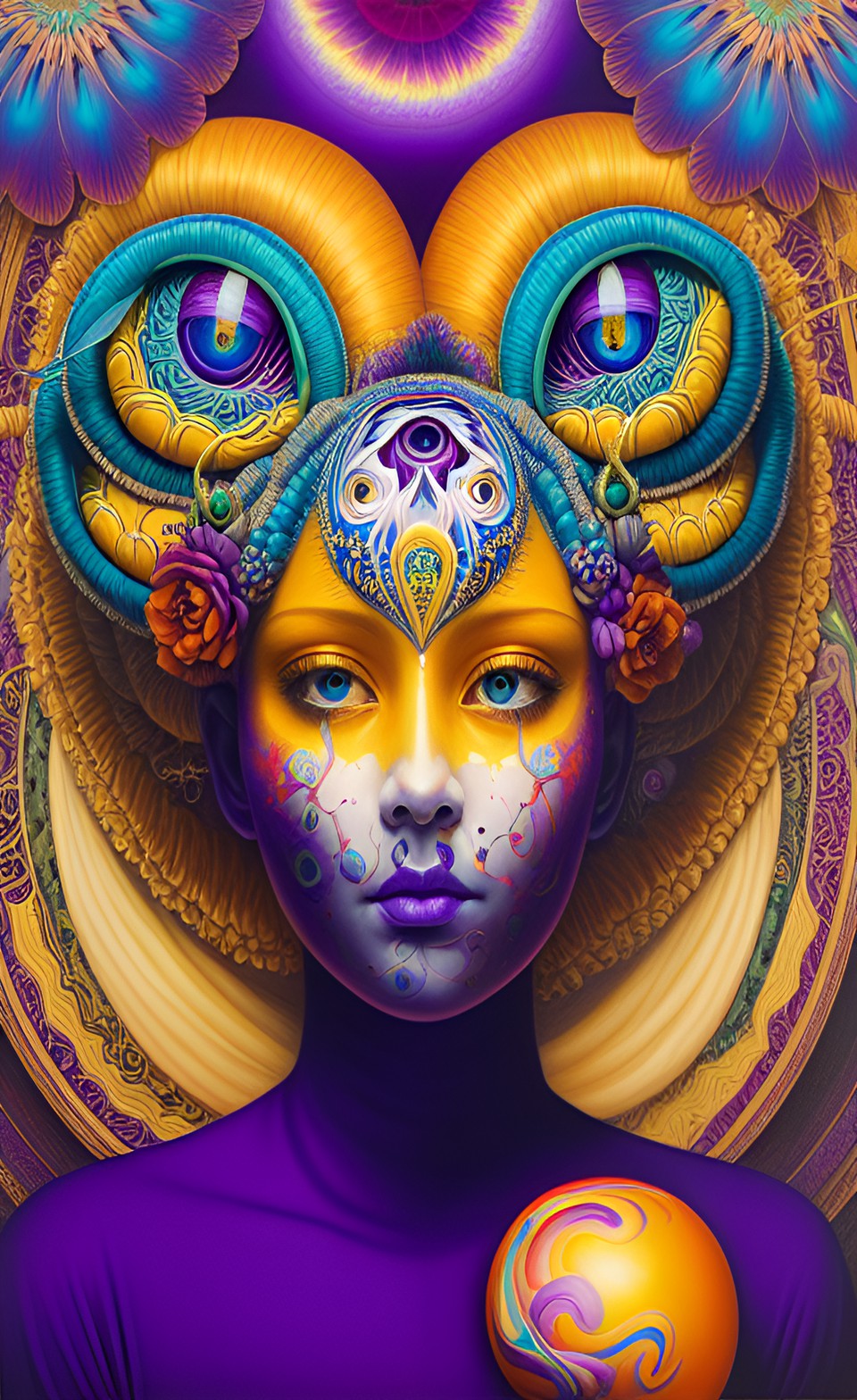 third eye like a human eye, floating like a balloon, yellow, orange and purple background, white smoke spirals rising preview