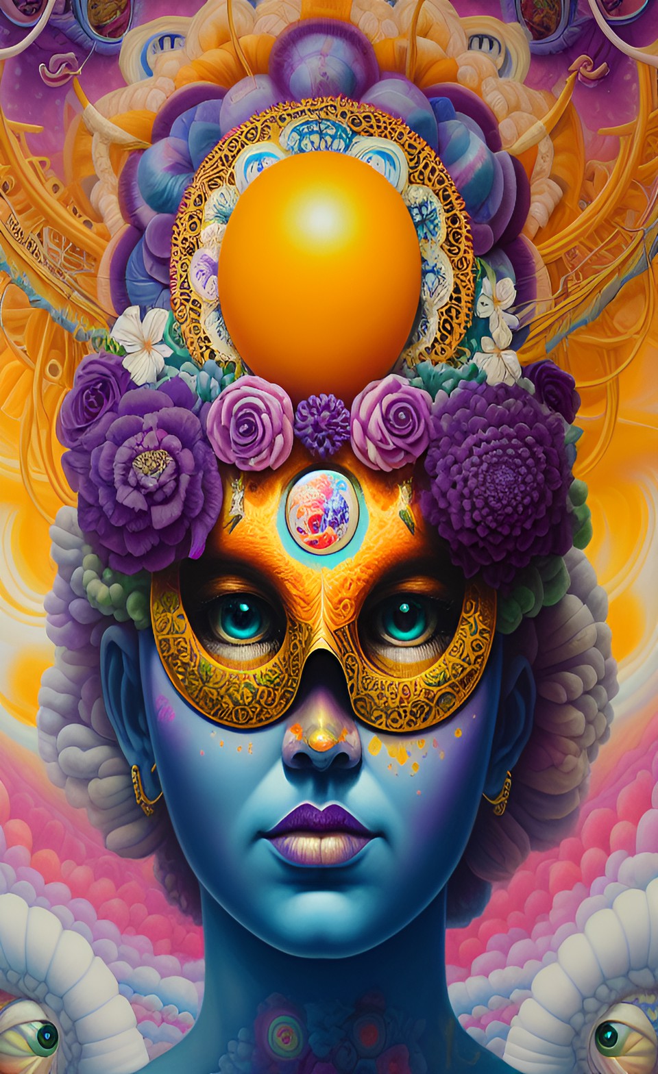 third eye like a human eye, floating like a balloon, yellow, orange and purple background, white smoke spirals rising preview