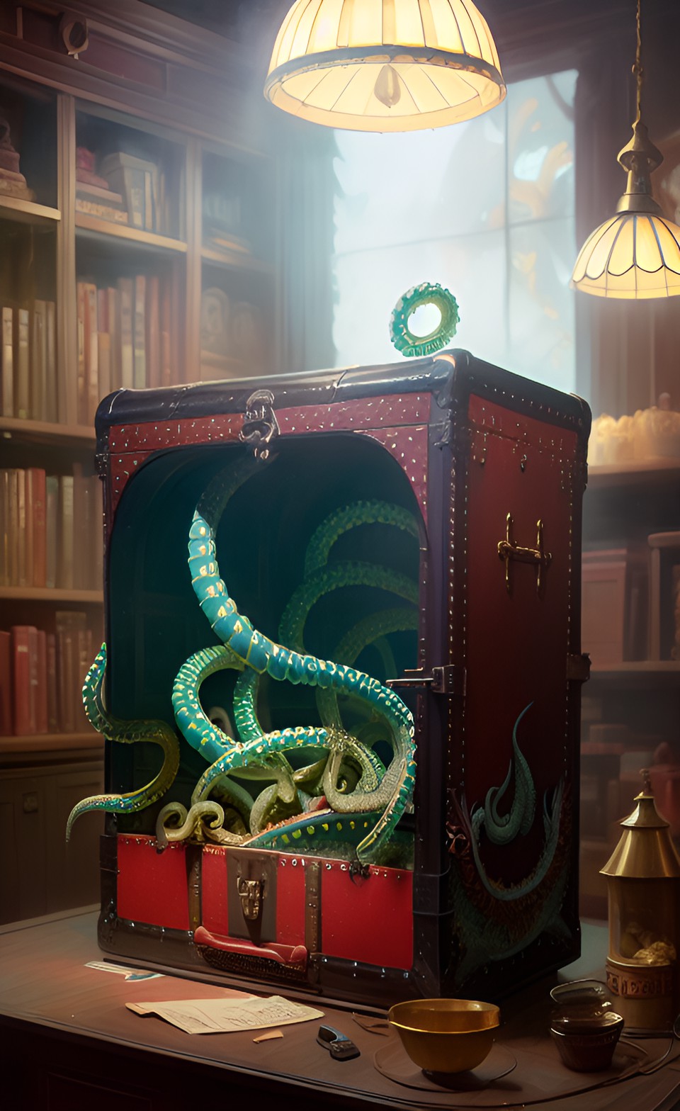 man opening a steamer trunk  that is  full of tentacle monsters preview