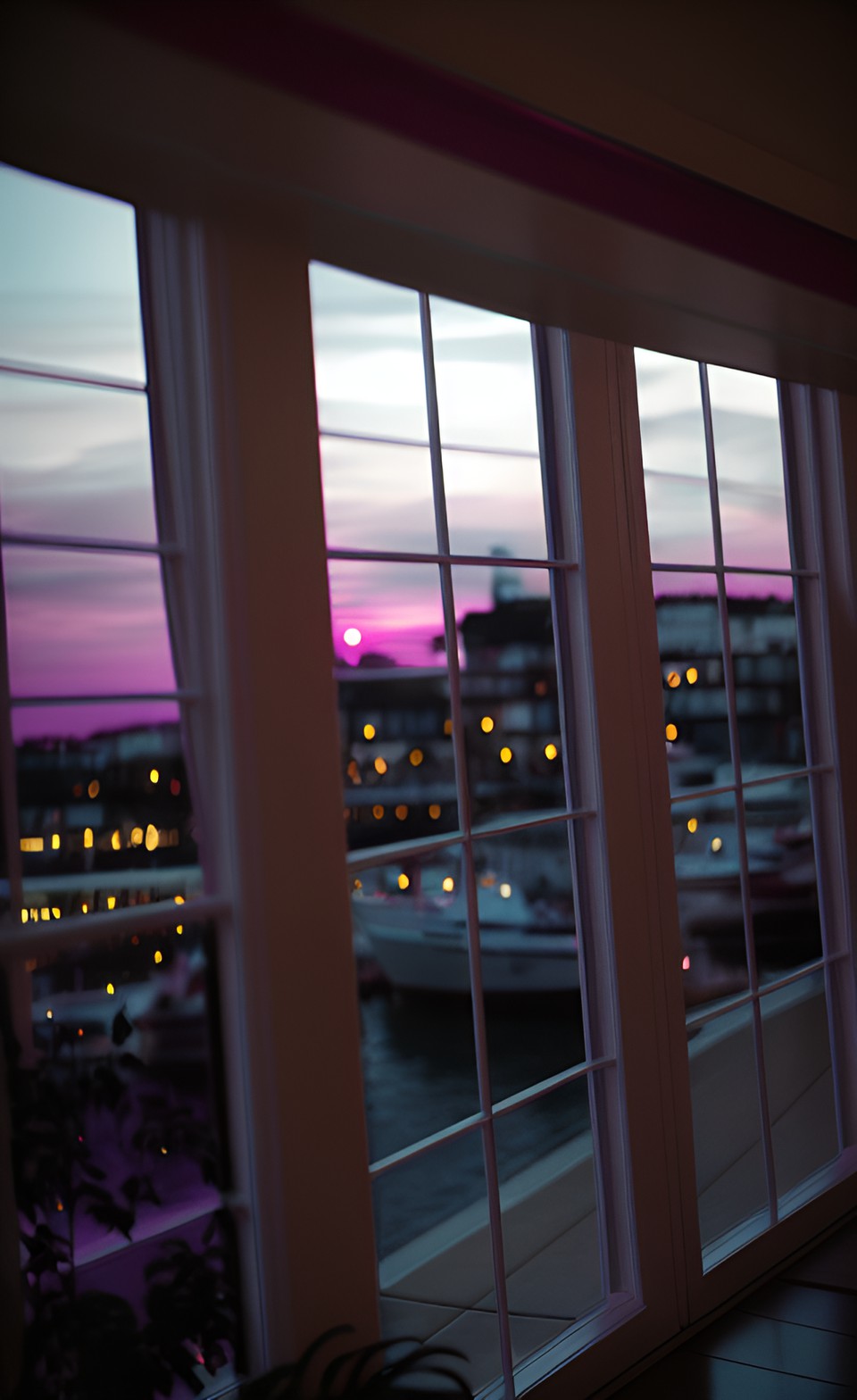 magenta sunset through a window on the waterfront preview