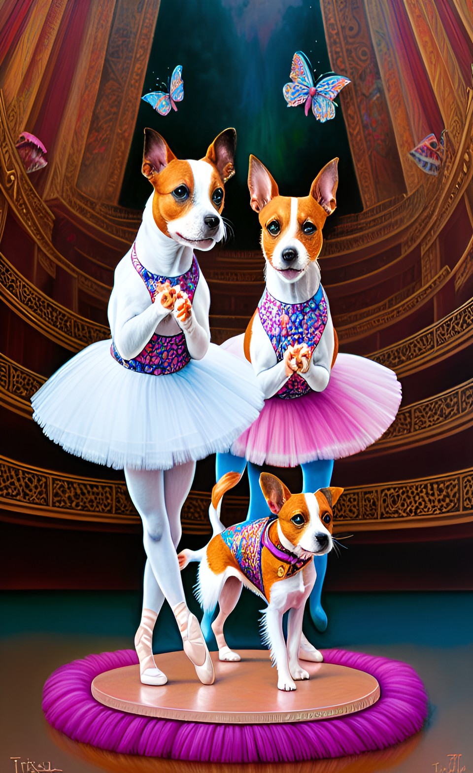 jack russell terriers in tutus, ballet chorus, old theatre background preview