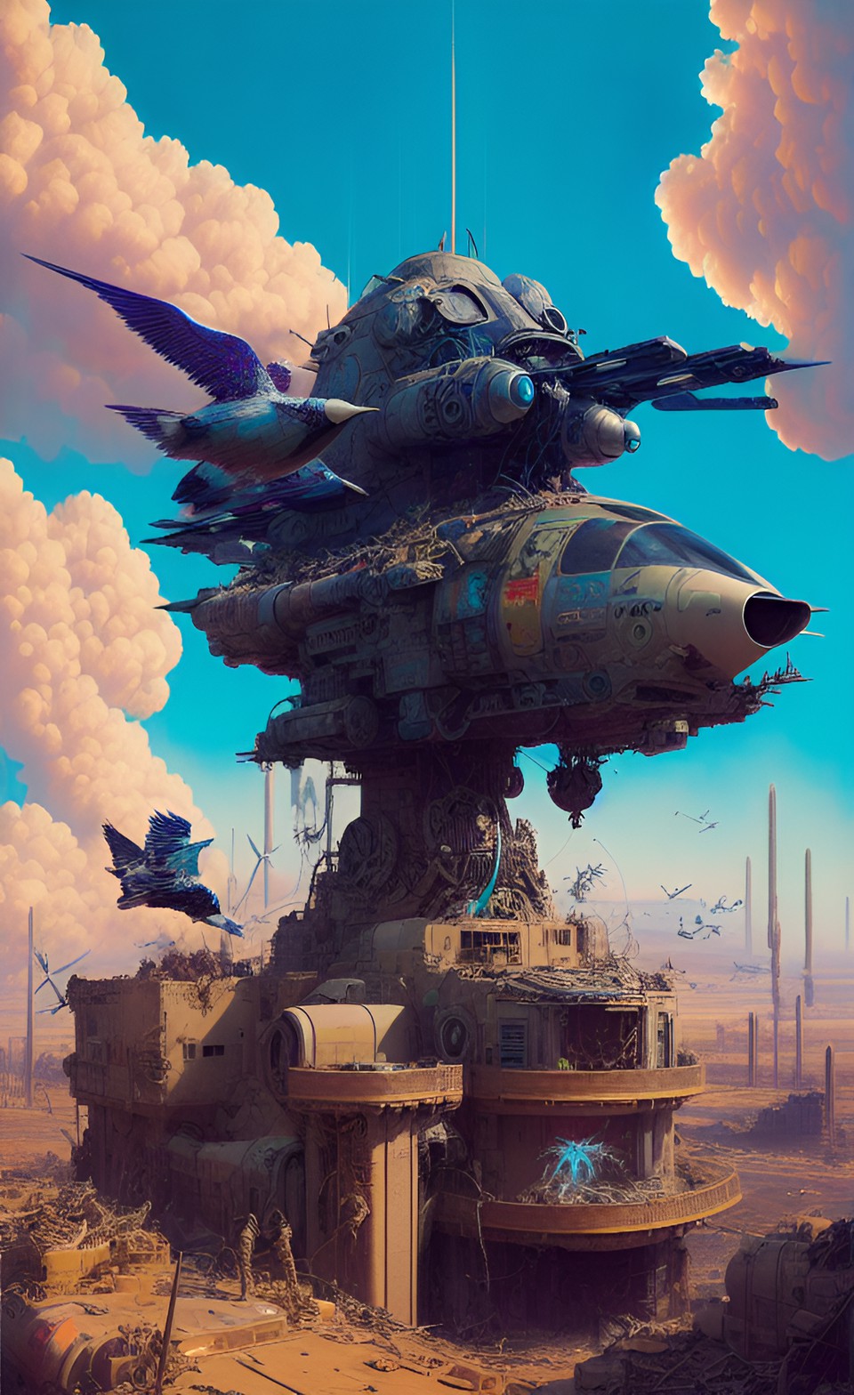 futuristic military, heroic warriors, dilapidated buildings in desert, low angle, futuristic machines, burning spasms hip, smoke plumes,  flock of birds in the distance, preview