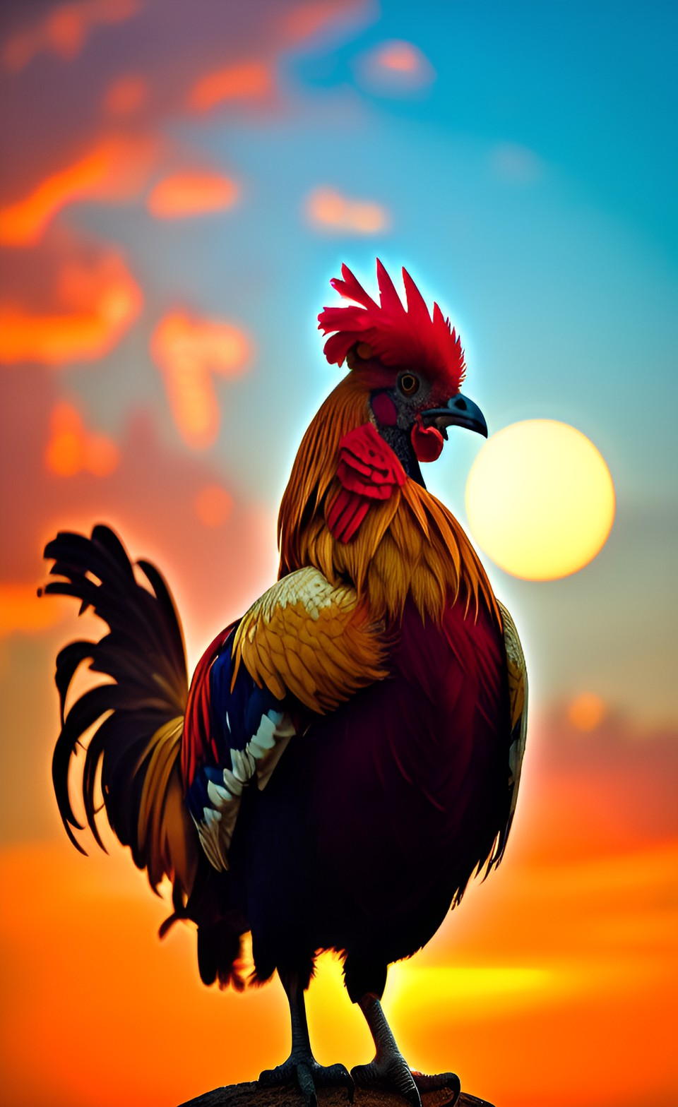 a rooster-monk thanking jesus for the day as the majestic sunset preview